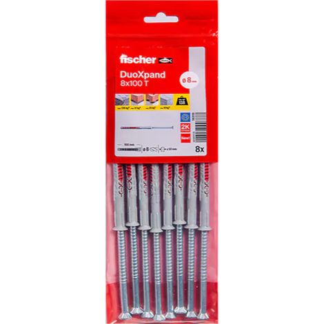 Fischer – Sachet de 8 chevilles rallongées DuoXpand Ø8 x 80 T en acier électrozingué – Pour béton armé et matériaux de construction – Charge maximale 50kg
