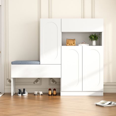 Scarpiera con panca - 130x35x110 cm - Mobile da ingresso - Design ovale Push-to-Open - con seduta imbottita - Bianco