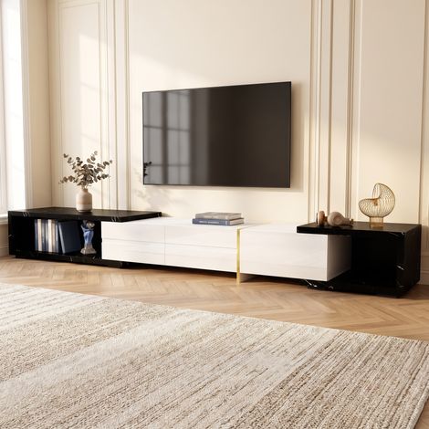 Meuble TV extensible 140-260 cm avec fonction rotative, meuble de rangement en bois, style moderne, Noir marbré et Blanc (1/5)