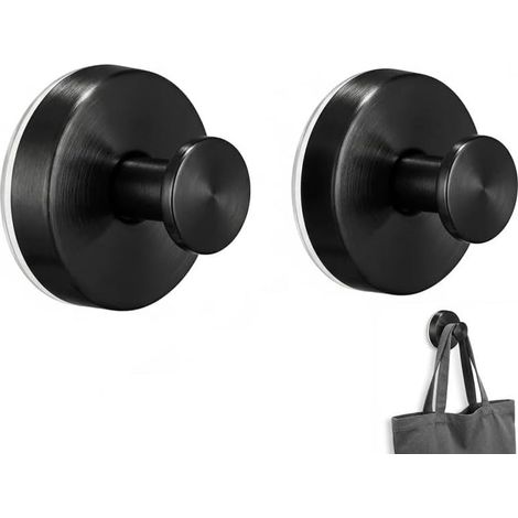 Lot de 2 crochets à ventouse extra solides pour salle bain, inox noir, sans perçage, porte-serviettes et peignoir douche, carrelage, verre miroir - (1/5)