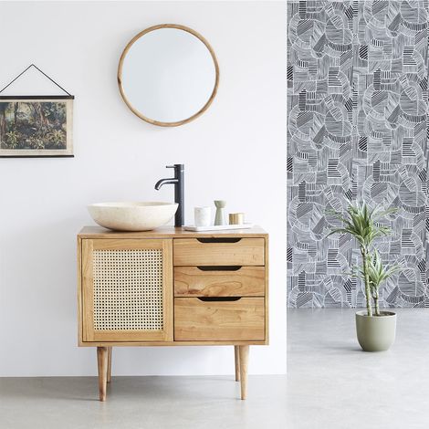 Berah Getah – Meuble sous vasque simple en mindi massif – Dimensions 85x50x75 cm – Tiroir amovible pour rangement optimisé – Couleur naturelle