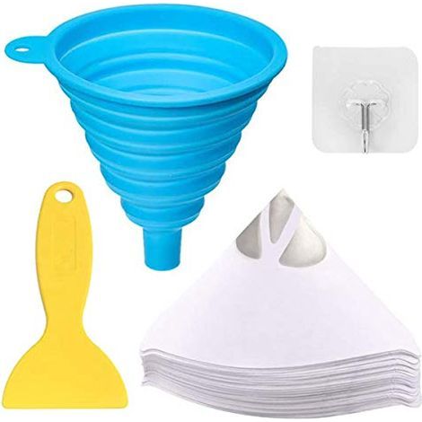 100 pièces filtres de peinture en papier Filtres jetables µm pour imprimante 3D résine avec entonnoir silicone pliable, crochet, outil nettoyage - (1/5)