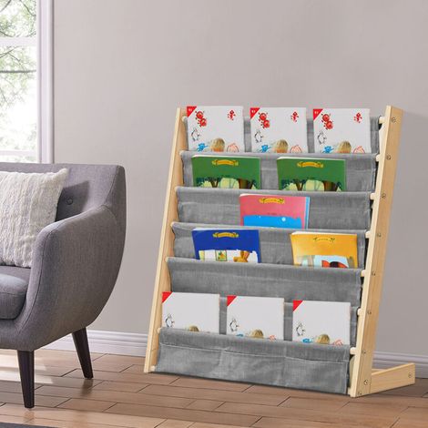 – Étagère de lecture pour enfants – Bibliothèque 6 couches en bois de pin massif et lin – Dimensions 75 x 30 x 76 cm – Tissu amovible pour nettoyage facile