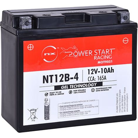 NX – Batterie moto Gel 12V 10Ah – NT12B-4 / YT12B-BS / YT12B-4 – Technologie avancée pour démarrage rapide – Charge rapide recommandée