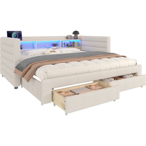 Lit 90x190 cm daybed USB-C tiroir LED velours beige sans matelas (1/5)