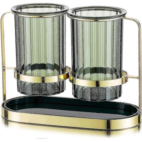 Porte-ustensiles de cuisine pour plan de travail, 2 tasses vertes avec cadre en fer doré, pot à ustensiles de cuisine, porte-couverts chic et moderne pour fourchette, cuillère, spatule, couteau. (1/5)