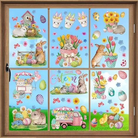 9 feuilles d’autocollants de Pâques, décorations vitrines avec œufs et lapins FILM POUR VITRAGE (1/5)