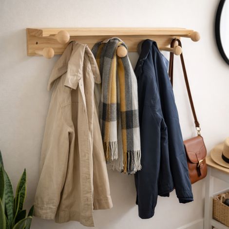 Mensola Appendiabiti in Legno Naturale 40 cm con 6 Ganci da Parete  74212