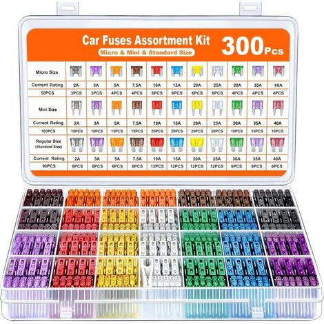 300Pcs Fusible Voiture Set, 160 Mini Fusible Auto + 90 Moyenne Fusible Automobile + 50 Micro Fusible + Extracteur - pour Voiture/RV/Camion/Moto (2A 3A 5A 7.5A 10A 15A 20A 25A 30A 35A 40A) (1/4)
