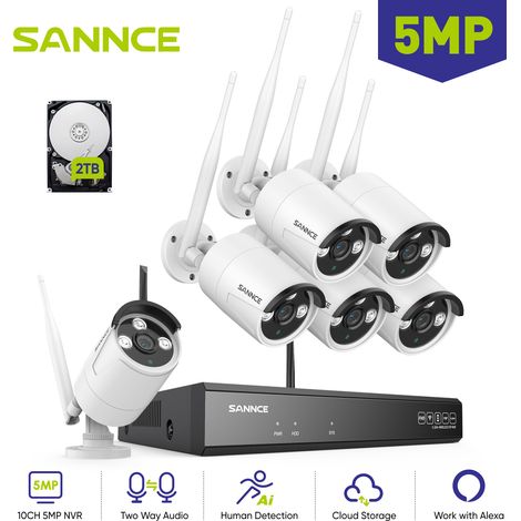 SANNCE 5MP Kit Caméra de Surveillance WiFi NVR 6×Caméras Vision Nocturne Interphone Bidirectionnel Sans fil CCTV Système de Sécurité Vidéo 2TB (1/5)