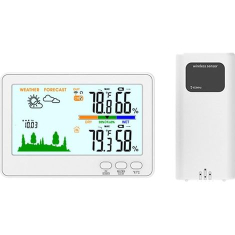 Stazione meteorologica wireless con termometro e igrometro, display LCD a colori, monitoraggio della pressione dell'aria, temperatura interna ed esterna, dati di umidità (bianco)