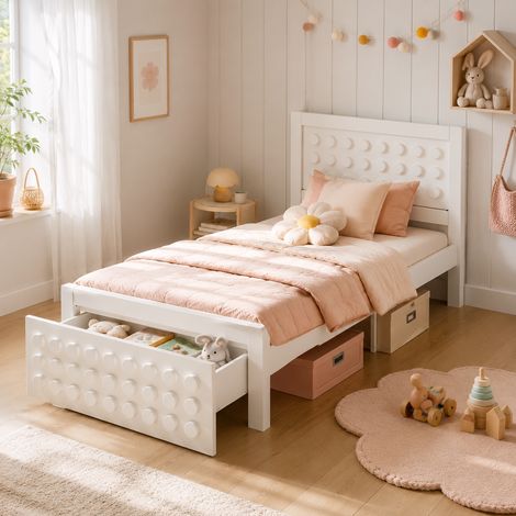 Lit enfant 90x200 cm blanc design blocs de construction avec tiroir, rangement sous lit, sommier à lattes, bois massif et MDF (1/5)