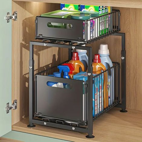 Panier coulissant pliable double couche pour évier de cuisine, organisateur de tiroir pratique pour couverts, baguettes et ustensiles, rangement multifonction gain de place (1/5)