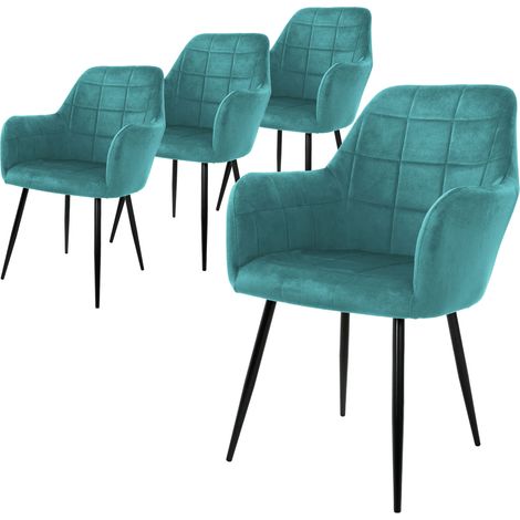 ECD Germany 4er Set Esszimmerstühle mit Rücken- und Armlehnen, Türkis, Küchenstühle mit Samtbezug, Polsterstühle mit Metallbeinen, Ergonomische Stühle für Esstisch, Wohnzimmerstühle Esszimmerstuhl