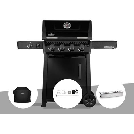 Barbecue gaz Freestyle 425 noir 4 brûleurs + 1 réchaud latéral + Housse de protection + Rôtissoire + Boitier de fumage - Napoléon