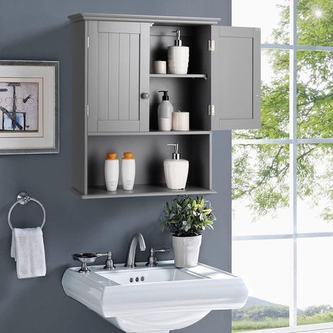 COSTWAY Bathroom Wall Cabinet, Wooden Storage Cupboard with Double Door, Adjustable Shelf and Compartment, Wall Mounted Medicine Cabinet for Living Room Kitchen Hallway (Grey, with Wooden Handles) (1/5)