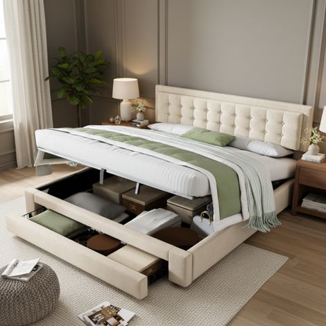 Letto matrimoniale con vano contenitore e cassetti, rivestimento in velluto, rete a doghe, ampio spazio contenitore, 160 x 200 cm, beige