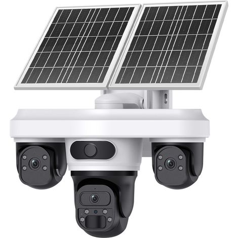 Caméra de surveillance solaire extérieure WiFi Triple objectif 9MP Ultra HD Technologie AOV+PIR 2en1 Enregistrement continu 24h/24 Faible consommation Vision nocturne couleur & infrarouge 30m Zoom (1/5)