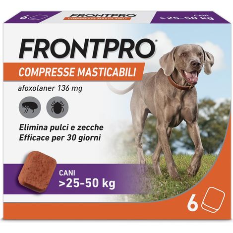 FRONTPRO 6 Compresse Masticabili Antiparassitario per Cani di Peso  25-50 kg Protegge da Pulci Zecca Uova e Larve Antipulci in Confezione da 6 Compresse da 136 mg di Afoxolaner (1/5)