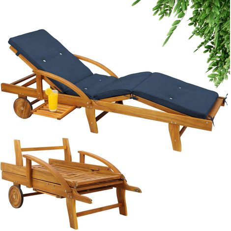 CASARIA® Sonnenliege Holz inkl. Auflage 320kg Belastbar Gartenliege 195x55cm Klappbar Räder Rückenlehne Verstellbar Ablage Akazie Balkon Garten Terrasse Liege Wetterfest Blau (1/5)