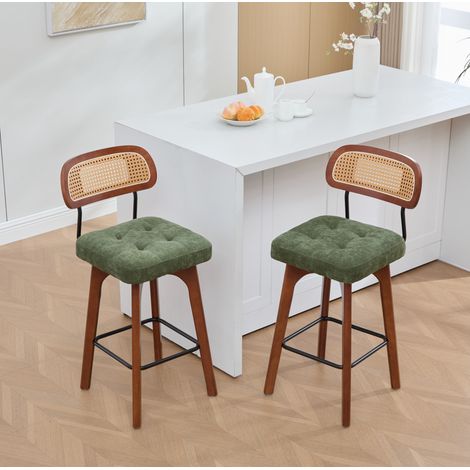 2er-Set Barhocker 360° drehbar aus grüner Chenille mit Rattan-Rückenlehne (1/5)
