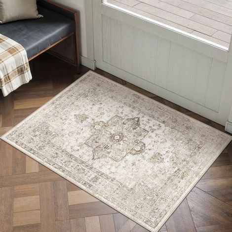 Vintage Tapis Entree Beige 60x90cm Rug Lavable en Machine Petit Rugs,Antidérapant,Chambre Enfant Carpets,Descente de Lit,Cuisine,Interieur Doux Poil Ras,Salle de Jeux Carpet (1/5)