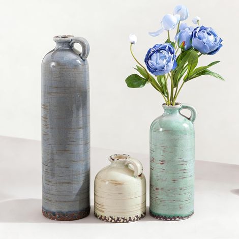 Vases en céramique Lot de 3,avec poignée,vases Ronds rustiques craquelés, pour la décoration de la Maison,Table de Salle à Manger,Salon,entrée,Centre de Table de Cuisine (01 Gris Vert Beige) (1/5)