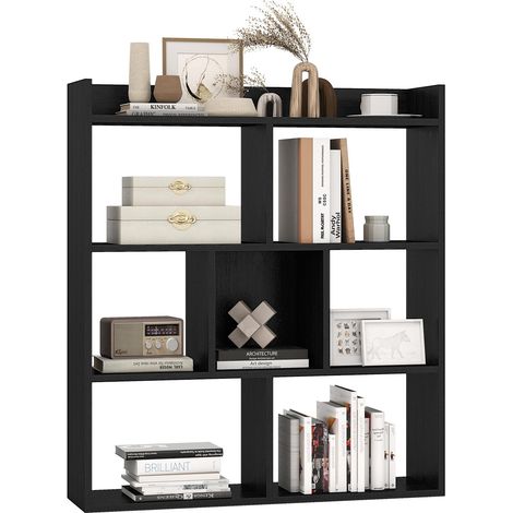 COSTWAY Libreria a Cubi con 7 Scomparti, Mensola Espositiva per l'Archiviazione, Libreria in Legno con Dispositivi Anti-Ribaltamento, per Studio Soggiorno, 80x20x90 cm (Nero) (1/5)