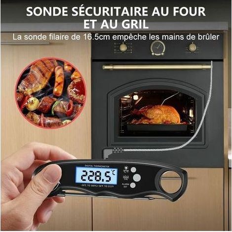 Thermometre Cuisine - Sonde Pliable 102 cm - Ecran LCD Rétroéclairé - Aimant Intégré - Lecture en 4 à 6 s - Acier Inoxydable 304 - Pour Viande BBQ Steak Huile Lait Vin - 1 Pièce