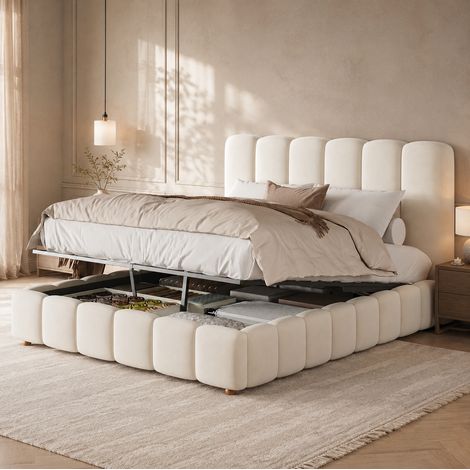 Etagenbett 140/190 cm Beige aus Samt mit hydraulischem Bettkasten und Lattenrost (1/5)