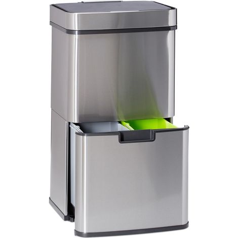 Relaxdays – Poubelle de tri sélectif inox 60L – 3 compartiments – Ouverture sensitive – Dimensions H74,5 x L42 x P31,5 cm – Argenté