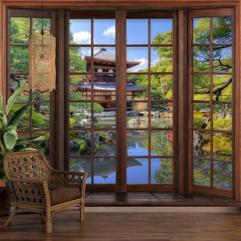 Papier peint panoramique Trompe l'oeil Fenêtre en bois - Temple Japonais - 130 cm x 104 cm (1/5)