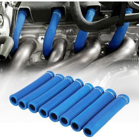 8Pcs Spark Plug Wire Boots Heat Shield Protector Sleeve 2500 Degree Spark Plug Heat Cover Wrap 6 Inch for SBC BBC 350 454(Blue) (1/5)
