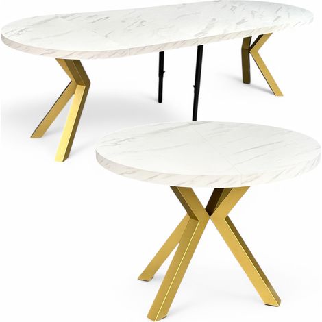 Großer runder Marmor-Esstisch Weiß, ausziehbar (Ø110/310 cm) mit goldenen X-Metallbeinen (1/5)