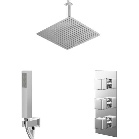 Cubix Polished Chrome Concealed Triple Thermostatic Shower Valve and 400mm Square Head with 300mm Ceiling Arm and Outlet Holder with Kit - 2 Outlet (1/5)