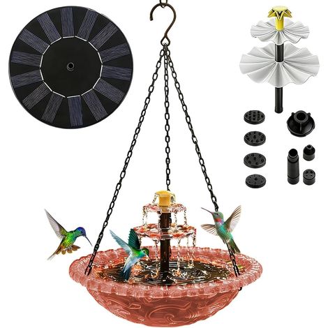 Bain D'oiseaux Avec Fontaine À Énergie Solaire - Décoration De Jardin Suspendue, Pompe À Eau Solaires Bains Oiseaux Bol Fontaine,Rose (1/5)