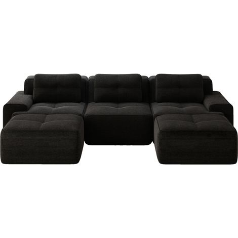 Divano modulare a U in velluto a coste nero con ottomana, 293 x 177 x 69 cm, senza montaggio (1/5)