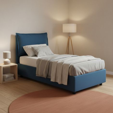 Talamo Italia Cama individual Luna, Cama contenedor con revestimiento de tela, 100% Made in Italy, Apertura lateral, adecuado para colchón 80x190 cm, Azul, con embalaje reforzado (1/5)