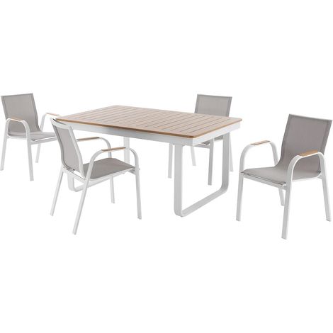 Salle à manger de jardin en aluminium : la table extensible en aluminium L.155/246 cm et 4 fauteuils - Naturel clair et blanc - SERUNO de MYLIA (1/5)