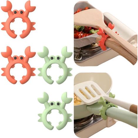 Juego de 4 piezas, soporte para espátula, soporte para espátula con forma de cangrejo, soporte para olla y cuchara, soporte de silicona para cuchara, a prueba de fugas, rojo y verde, 5,8 x 6,5 cm (1/5)