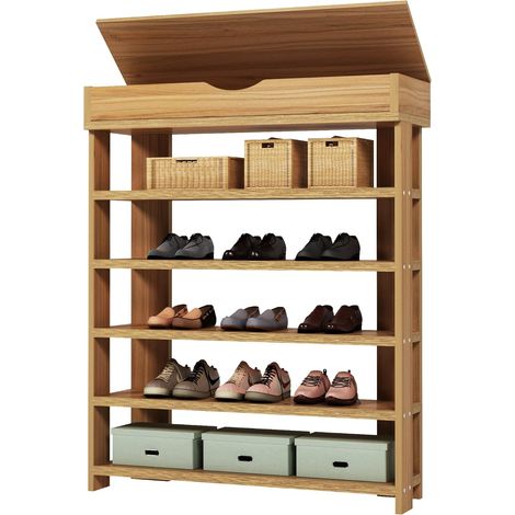 Soges Schuhregal aus Holzverbundstoff mit 5 Ebenen,Schuhregal für Wohnzimmer und Flur,Größe 75 x 24 x 94 cm,Teak