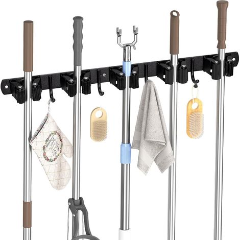 Porta scopa a parete, 5 porta scopa a parete e 4 ganci neri, porta scopa con foratura o adesivo senza foratura, organizer per bagno, garage, attrezzi da giardinaggio, cucina (1/5)