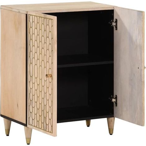 Buffet Bas en Bois de Manguier Massif, Meuble de Rangement 60x33x75 cm, Enfilade Moderne avec Tiroirs et Portes pour Salon, Entrée ou Cuisine (1/5)