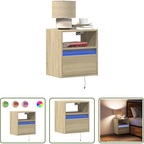 vidaXL Holz Nachttisch - Wand-Nachttisch mit LED-Leuchten Sonoma-Eiche (1/5)