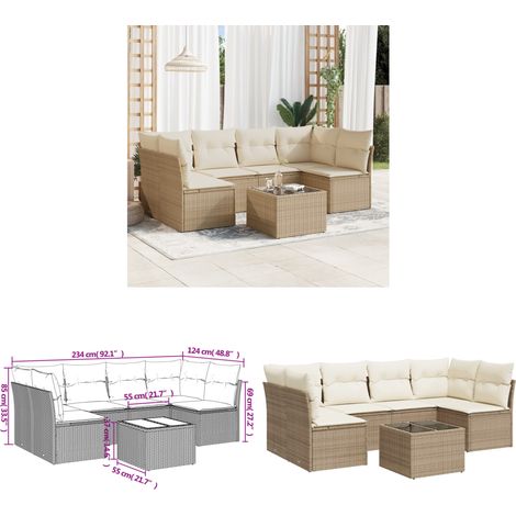 7-tlg. Garten-Sofagarnitur mit Kissen Beige Poly Rattan - Gartenmöbel Set - PE-Rattan Möbel - Outdoor Sofa - Lounge Set - Esstisch - Home & Living (1/3)