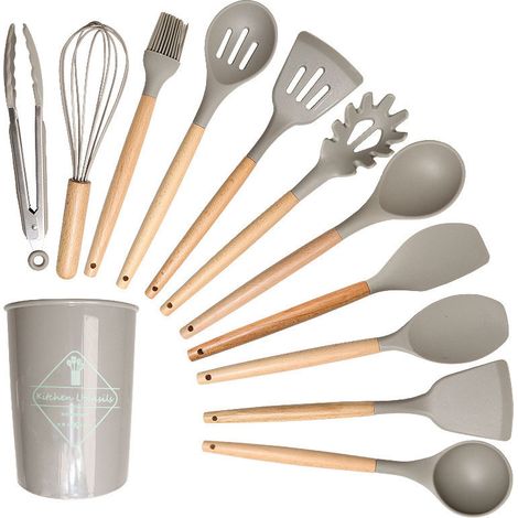 Ensemble d'ustensiles de cuisine en silicone kaki, 12 pièces avec support, résistant à la chaleur. (1/5)
