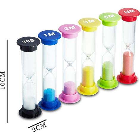 Sablier en 6 couleurs - Minuteur 30 sec / 1 min / 2 min / 3 min / 5 min / 10 min (lot de 6). Idéal pour les jeux en classe, à la maison ou au bureau. Minuteur pour brosse à dents pour enfants. (1/5)