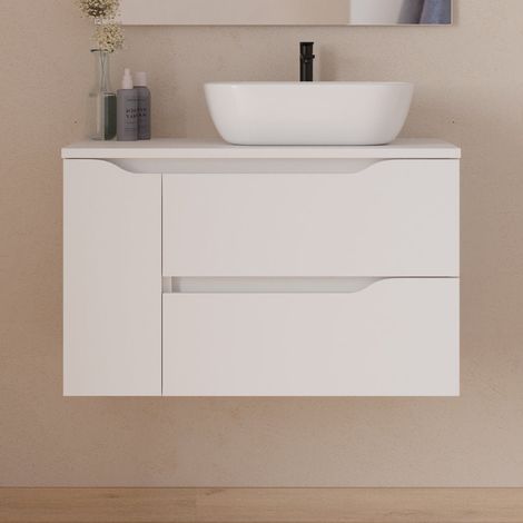 Meuble de salle de bain 80cm avec plateau et vasque à poser déportée à droite Zeus - sans miroir - 2 tiroirs et un placard - blanc - ZARZA