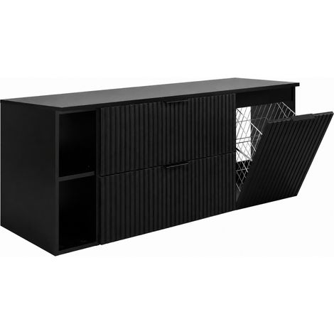 Set bagno Flow 140 cm con portabiancheria, bianco, piano marmo bianco, maniglie dorate (1/5)