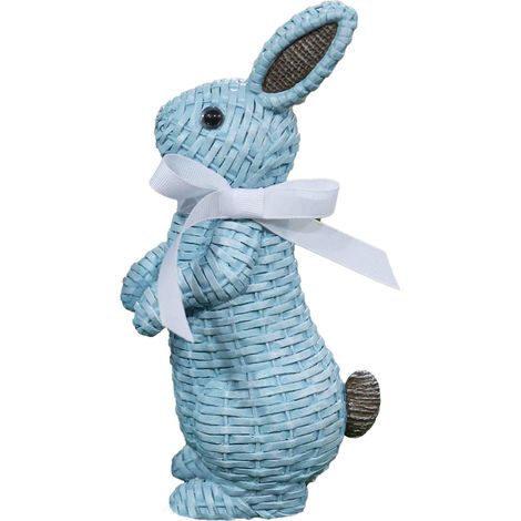 Lapin décoratif en résine effet rotin avec nœud, design européen bleu, statue debout pour jardin, cour ou intérieur (1/5)